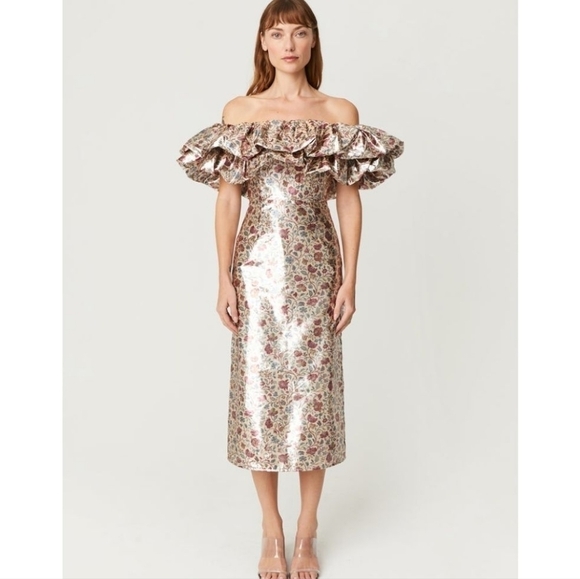 Rhode Floral Off The Shoulder Viola Dress in Cream Vichy Rose NWT - Picture 1 of 11